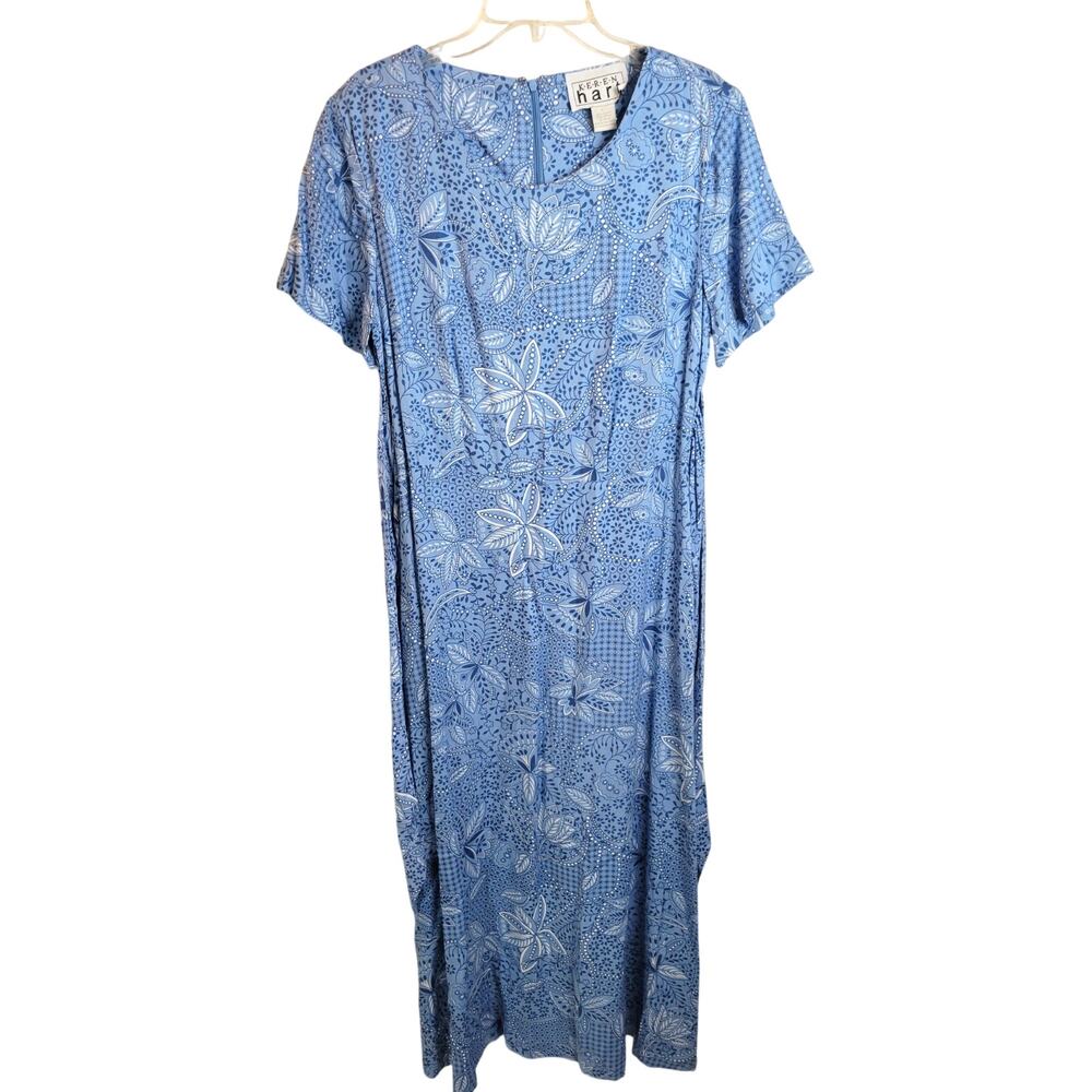 Keren Hart Blue Floral Tie Front Short‎ Sleeve Long Dress Women's Size Large
